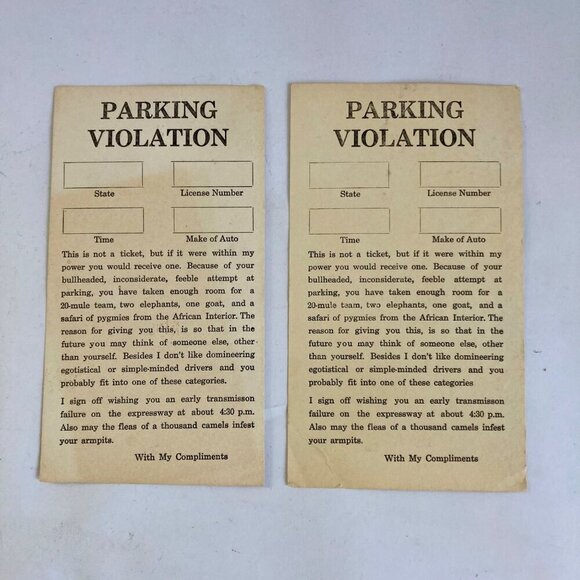 Lot 2 Vintage Parking Violation Prank Novelty Gag Fake Tickets UNUSED - Picture 1 of 4